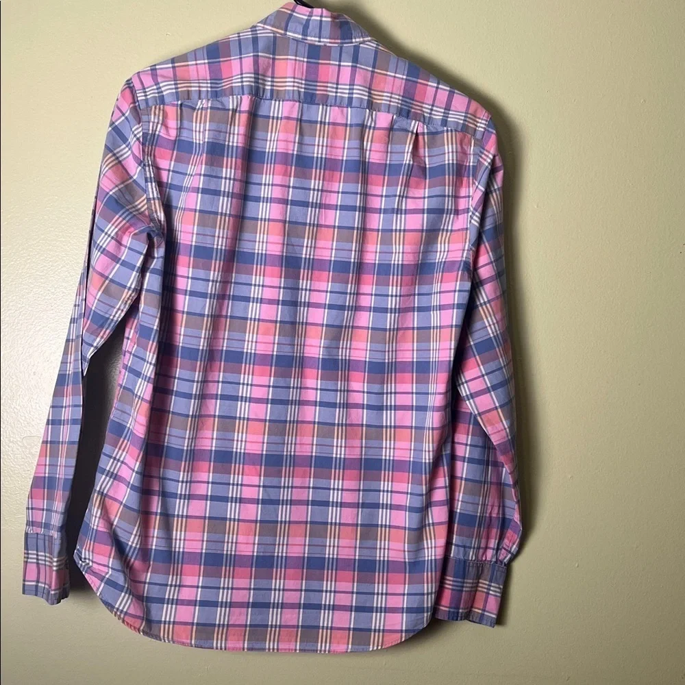 J.crew men’s dress Casual Pink and Blue Plaid Shirt size small.